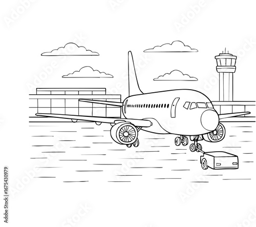 Airplane on Runway – Airport Scene Coloring Page for Kids