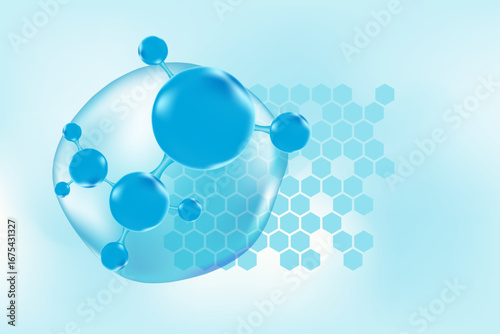 Light blue hyaluronic acid serum molecule icon, collagen water drop. Cosmetology honeycomb cell texture. Liquid glowing watercolor gradient background for beauty treatment, moisturizing skin care