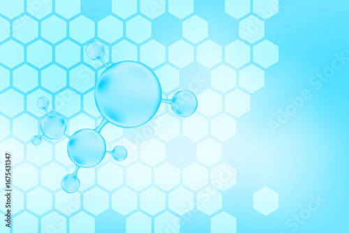 Light blue hyaluronic acid serum molecule icon, collagen water drop. Cosmetology honeycomb cell texture. Liquid glowing watercolor gradient background for beauty treatment, moisturizing skin care