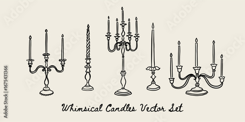 Whimsical Hand Drawn Ink Wedding Element Candles