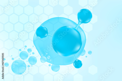 Light blue hyaluronic acid serum molecule icon, collagen water drop. Cosmetology honeycomb cell texture. Liquid glowing watercolor gradient background for beauty treatment, moisturizing skin care