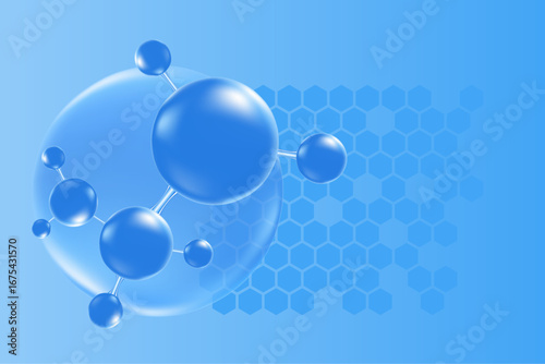Light blue hyaluronic acid serum molecule icon, collagen water drop. Cosmetology honeycomb cell texture. Liquid glowing watercolor gradient background for beauty treatment, moisturizing skin care