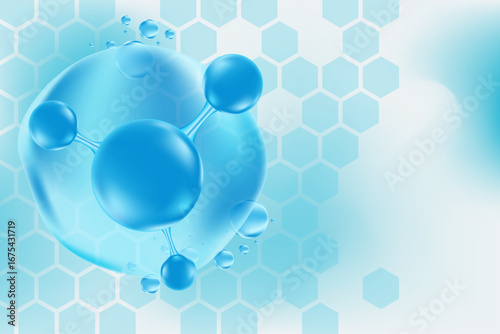 Light blue hyaluronic acid serum molecule icon, collagen water drop. Cosmetology honeycomb cell texture. Liquid glowing watercolor gradient background for beauty treatment, moisturizing skin care