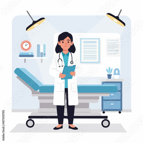 A confident female doctor stands in her bright medical office, reviewing patient notes with a calm and professional demeanor.