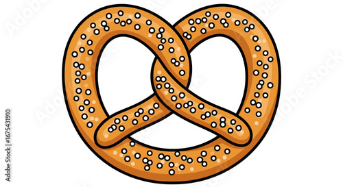 A classic twisted pretzel illustration with a golden-brown crust, coarse white salt, and a bold black outline.