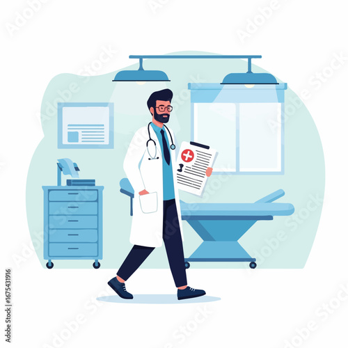 A confident doctor walks through his medical office, holding patient charts, conveying a sense of calm professionalism.