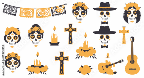 A collection of flat design D?a de los Muertos symbols, including sugar skulls, candles, crosses, and papel picado.