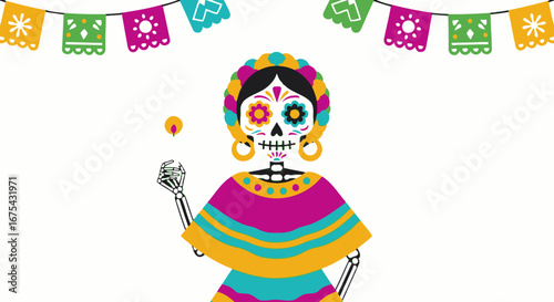 A stylized La Catrina sugar skull skeleton in a vibrant poncho with a floral headdress and large hoop earrings.