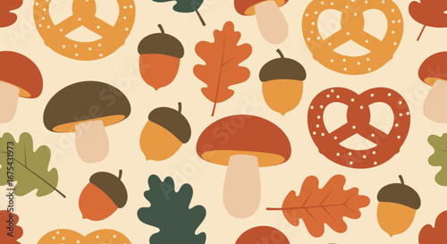A warm, flat design autumn pattern featuring pretzels, acorns, mushrooms, and oak leaves.
