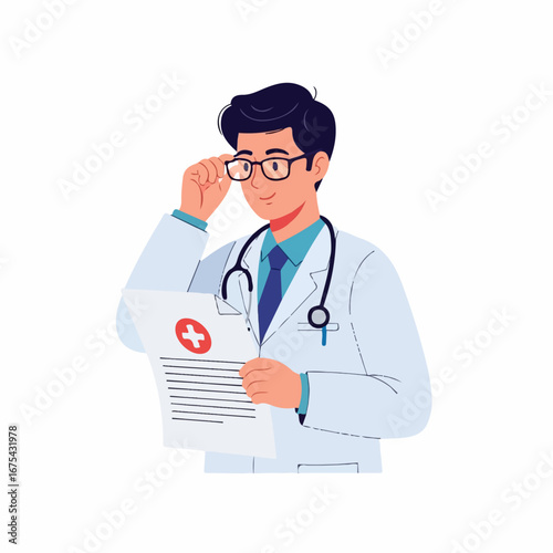 A thoughtful male doctor in a white coat reviews medical charts, adjusting his glasses in a serious yet hopeful mood.