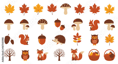 Autumnal Flat Vector Icons: Leaves, Mushrooms, Animals, and Harvest Baskets