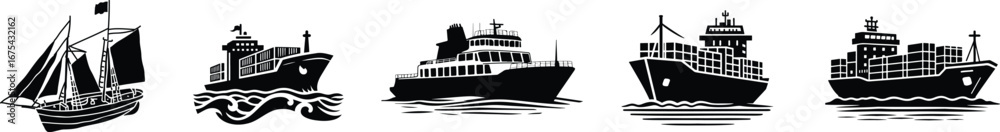 Obraz premium Ship and marine boat set water transport symbol. vessels for travel and transportation set of ship at sea, sail boats, yacht, passenger craft, cruiser and cargo ships Warship navy silhouettes set