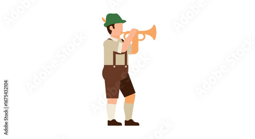 Bavarian man in traditional lederhosen and green feathered hat playing a golden trumpet.