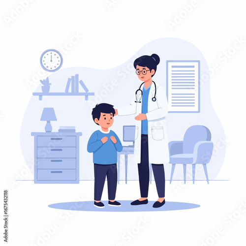 A friendly female doctor gently examines a young boy during a checkup in her calm and reassuring office.