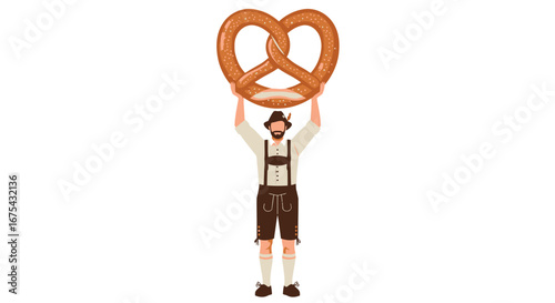 Bearded man in traditional Bavarian lederhosen proudly holding a giant salted pretzel.