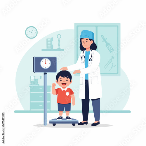 A smiling young boy stands on a scale while a friendly female doctor measures his height in a clean, bright doctor's office.