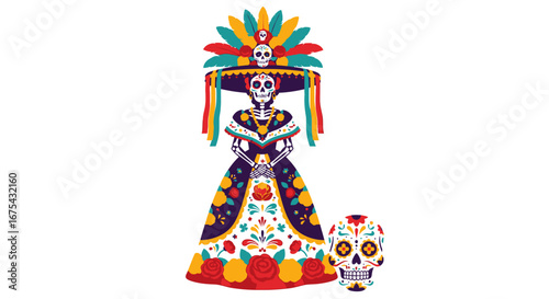 Calavera Catrina in ornate dress, wide-brimmed hat, and feathered headdress; detailed sugar skull