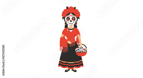 Calavera Catrina in Red Dress and Shawl, Carrying Sugar Skulls