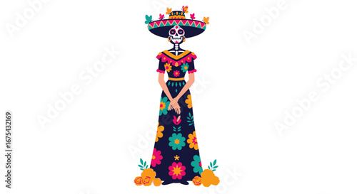 Calavera Catrina in Floral Dress and Sombrero, Day of the Dead
