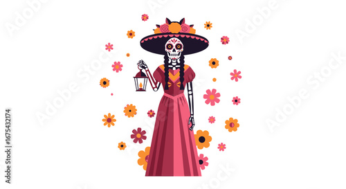 Calavera Catrina in Red Dress, Wide-brimmed Hat, and Lantern
