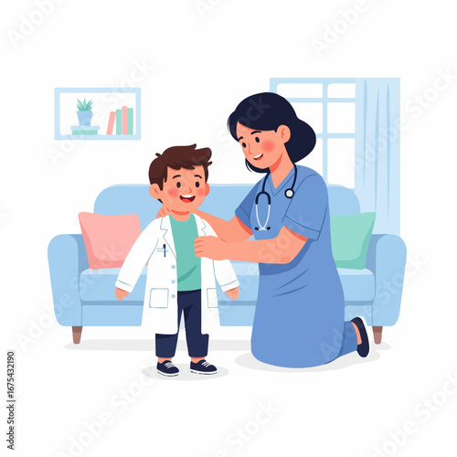 A smiling female doctor helps a cheerful young boy put on a white lab coat in a cozy living room, fostering a playful yet aspirational mood.