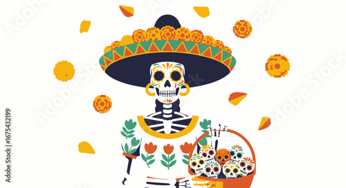 Calavera Catrina with Sombrero, Floral Dress, and Basket of Sugar Skulls