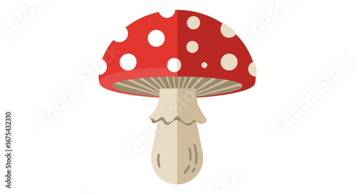 Classic red toadstool mushroom with white spots, a flat vector illustration of a fly agaric.