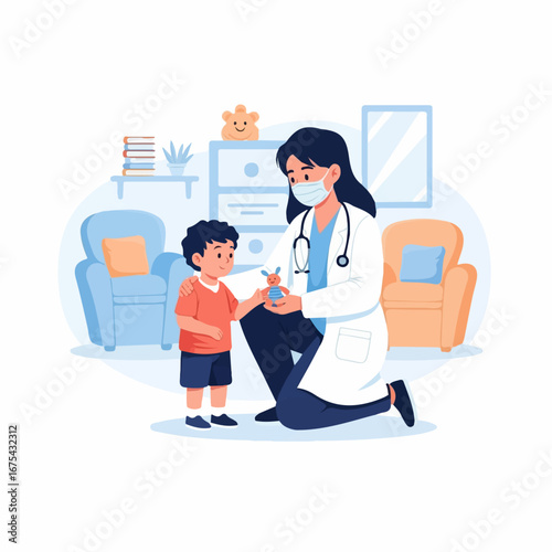A compassionate female doctor kneels, comforting a young boy with a toy in a calming home office setting.