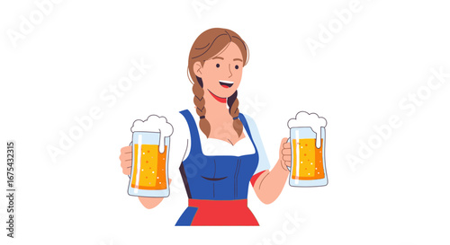 Cheerful Woman in Dirndl Dress Holding Two Beer Steins