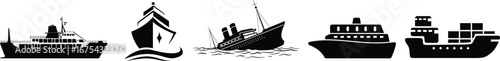 Ship and marine boat set water transport symbol. vessels for travel and transportation set of ship at sea, sail boats, yacht, passenger craft, cruiser and cargo ships Warship navy silhouettes set