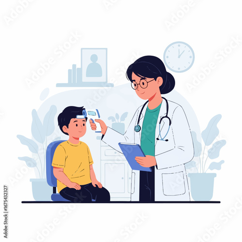 A female doctor gently checks a young boy's temperature with a digital thermometer in a calm, reassuring clinic setting.