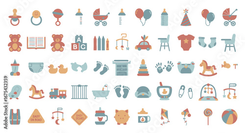 Collection of Cute Pastel Baby Icons: Toys, Gear, and Essentials