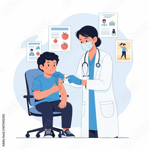 A female doctor administers a vaccination to a smiling young boy in a calm and reassuring clinic setting.