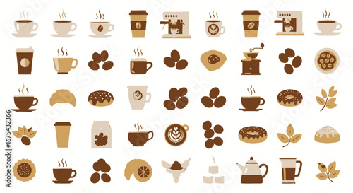 Coffee and Pastry Icons: Cups, Beans, Donuts, Croissants, and Coffee Makers in Brown and Beige