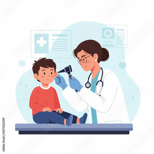 A friendly female doctor gently examines a young boy's ear in a calming clinic setting.