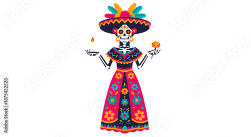 Colorful Calavera Catrina Holding Flame and Flower, Day of the Dead.