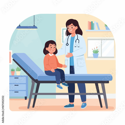 A young girl sits on an examination table, receiving comforting care from her pediatrician in a bright, welcoming clinic.