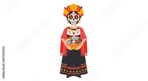 Colorful Catrina Holding Basket of Skulls, Decorated for Day of the Dead