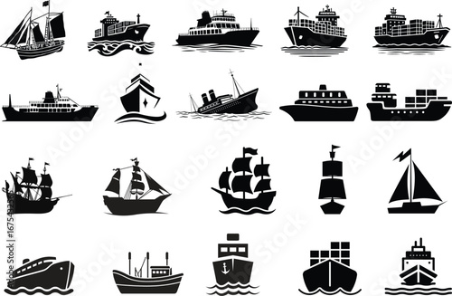 Ship and marine boat set water transport symbol. vessels for travel and transportation set of ship at sea, sail boats, yacht, passenger craft, cruiser and cargo ships Warship navy silhouettes set
