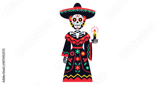 Colorful Catrina Skeleton Holding Candle, Wearing Sombrero and Dress
