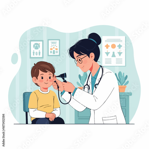 A friendly female doctor examines a young boy's ear with an otoscope in her calming clinic.