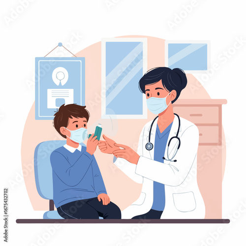 A masked doctor assists a young boy using an inhaler in a calm, reassuring medical office setting.