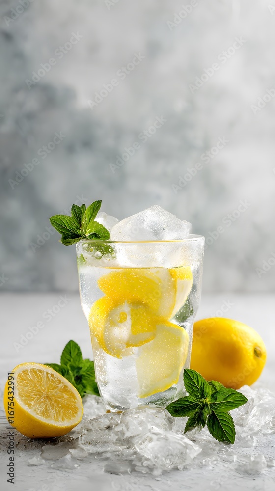 Fototapeta premium Elegant lemonade in glass bottle with lemon slices inside, bright table and clean top-left corner