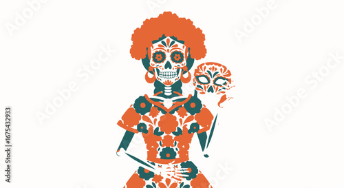 Dia de los Muertos Catrina with an afro hairstyle, wearing a floral dress and holding a sugar skull mask.