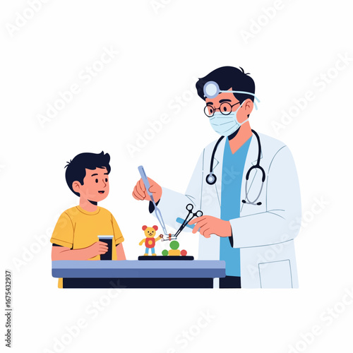A masked pediatrician gently repairs a child's toy bear using medical tools, creating a calm and reassuring atmosphere in the clinic.