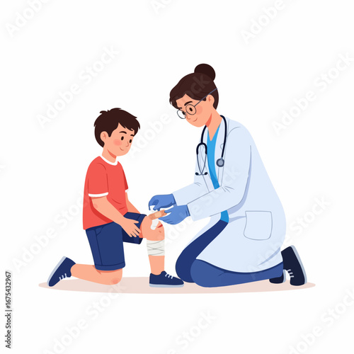 A kind doctor gently applies a bandage to a boy's scraped knee, offering comfort and care in a clean, bright setting.