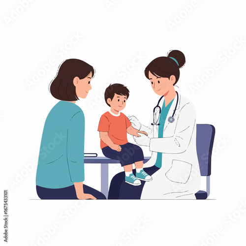A young boy sits calmly as a female doctor examines his arm, while his mother watches reassuringly in a clean, bright doctor's office.