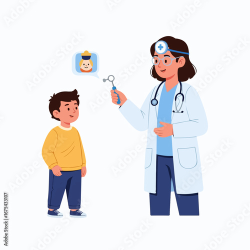 A friendly female doctor uses a reflex hammer to examine a young boy during a cheerful pediatric checkup.