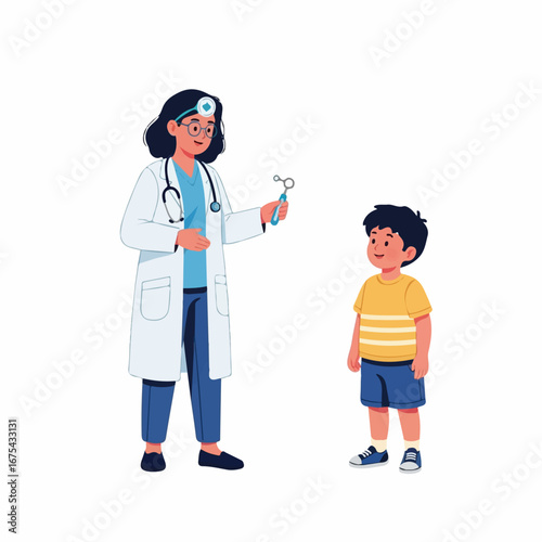 A friendly female pediatrician conducts a playful eye exam on a smiling young boy during a checkup.