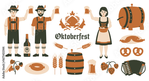 Festive Oktoberfest flat vector illustration set with Bavarian characters, beer, pretzels, and barrels